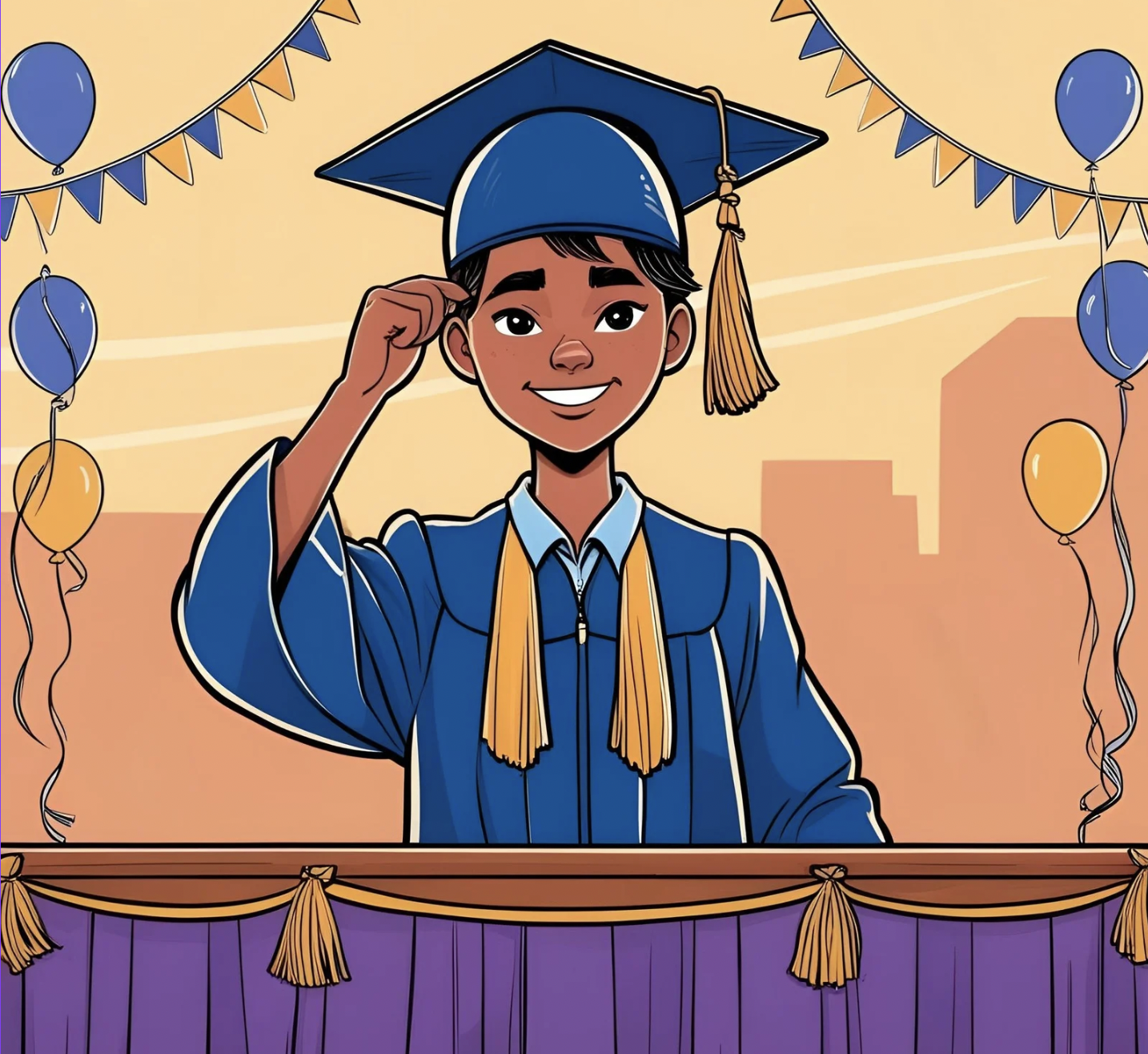 An illustration of a young person in a blue graduation cap and gown, smiling and adjusting their cap. The background features balloons and celebratory bunting, suggesting a graduation event.